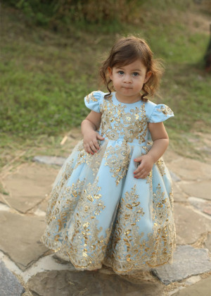 Gold Lace Sky Blue Tulle Fancy Flower Girl Dress